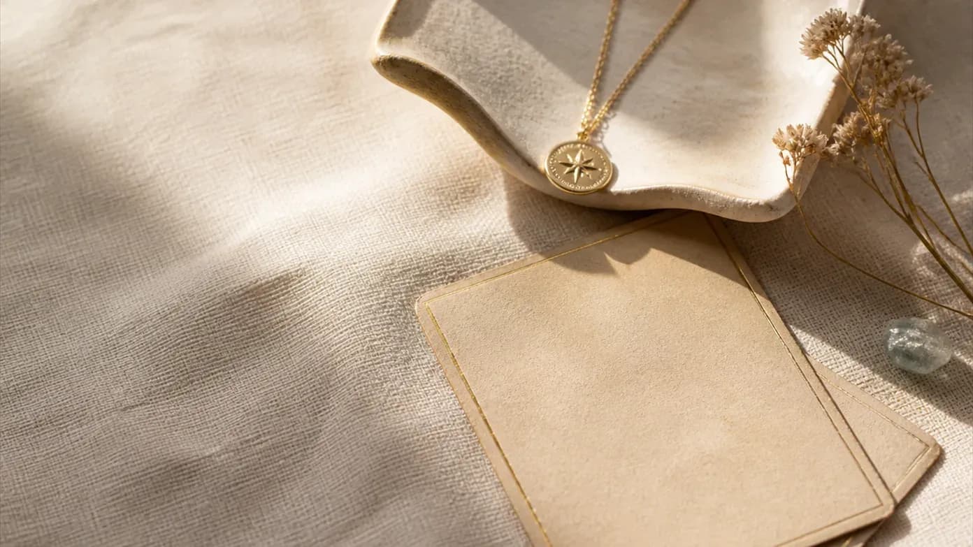 A fine gold necklace with an engraved pendant resting on ivory linen beside two face down tarot cards
