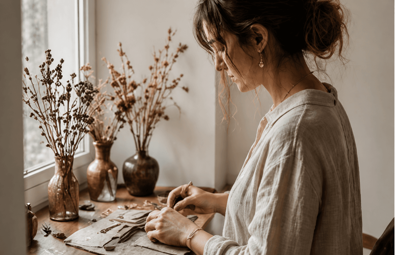 A jeweller assembling a piece at a sunlit window bench lined with dried flowers in stoneware vases