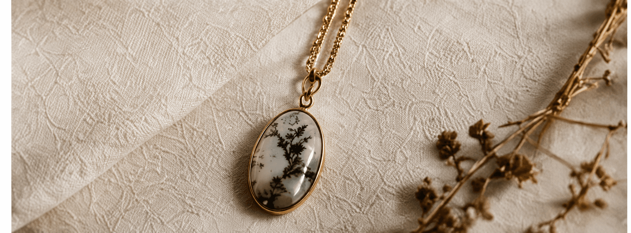An oval dendritic agate pendant on a fine gold chain, resting on cream lace beside dried flowers