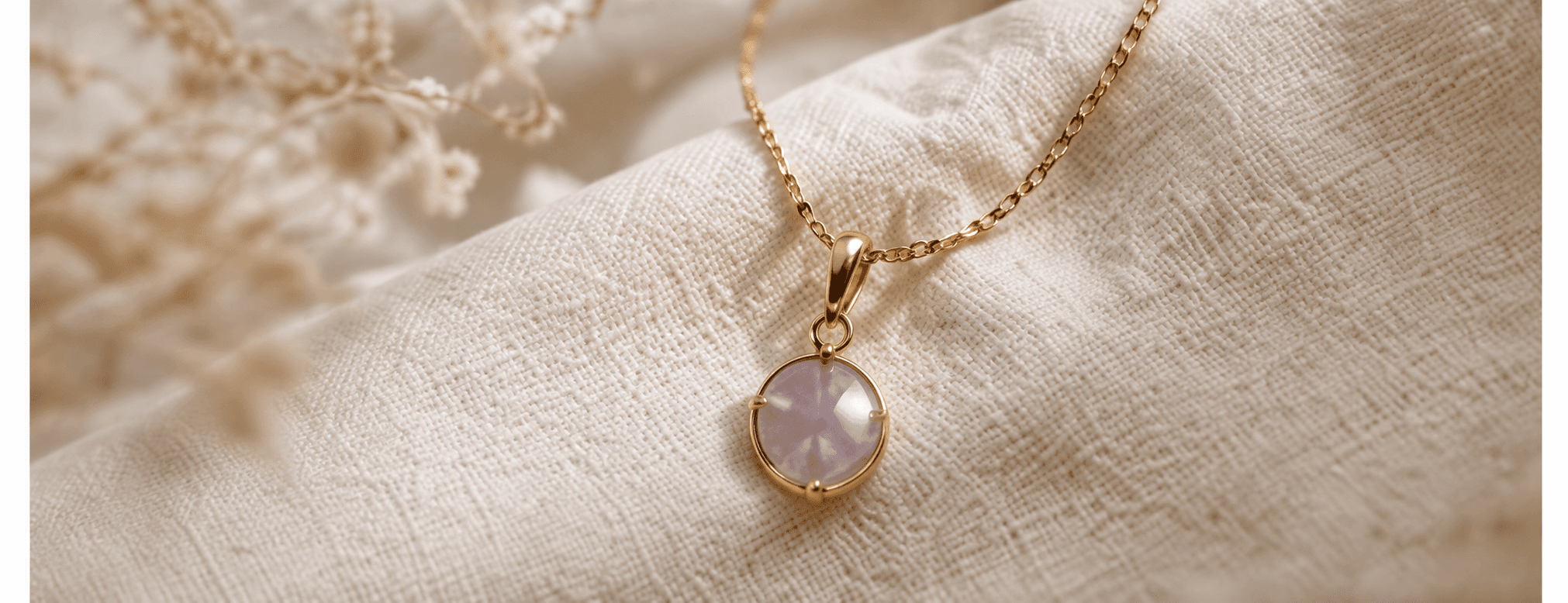 A round rose quartz pendant on a fine gold chain, on ivory lace