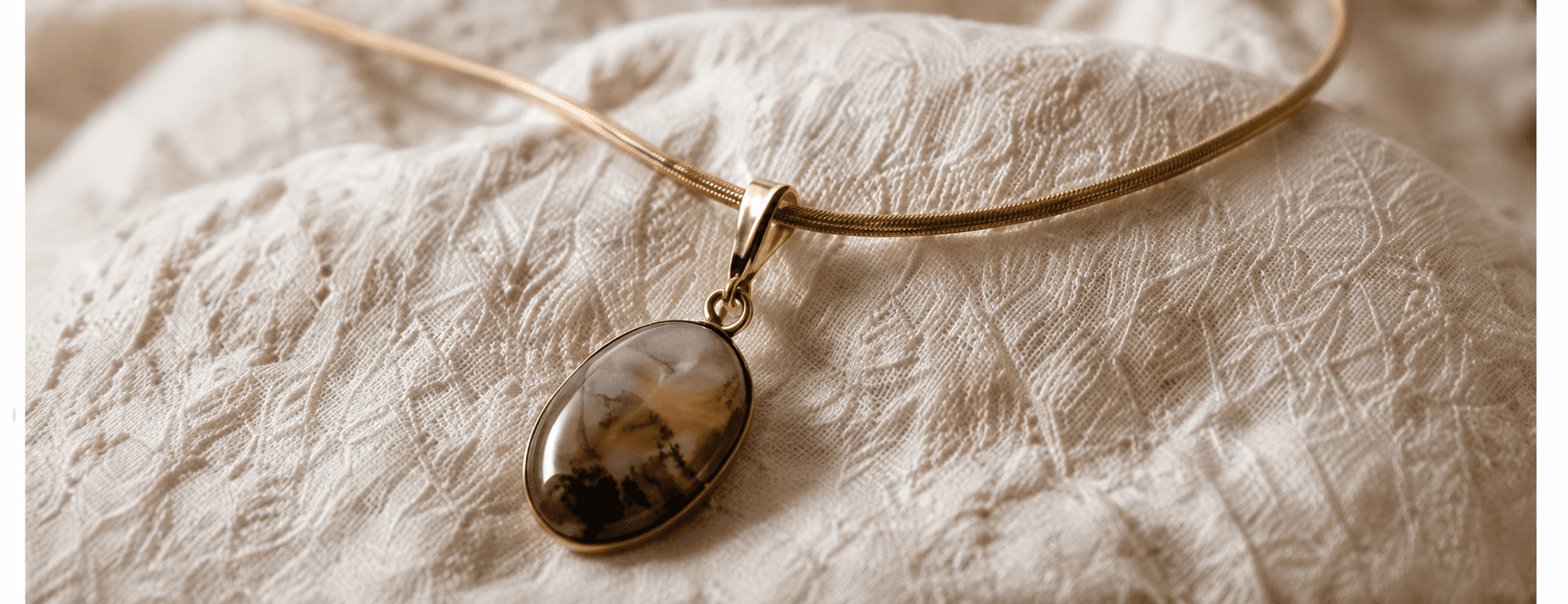 A dark moss agate pendant on a slim gold cord, on ivory lace