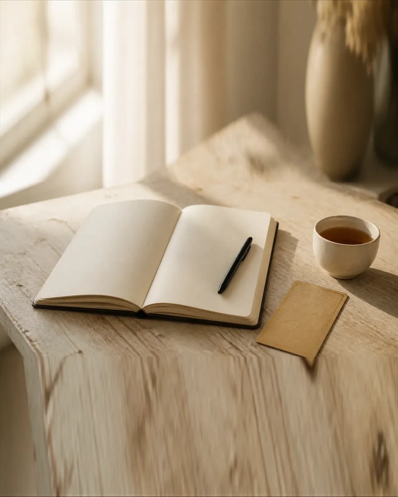 An open notebook and a face down tarot card on a pale wood table
