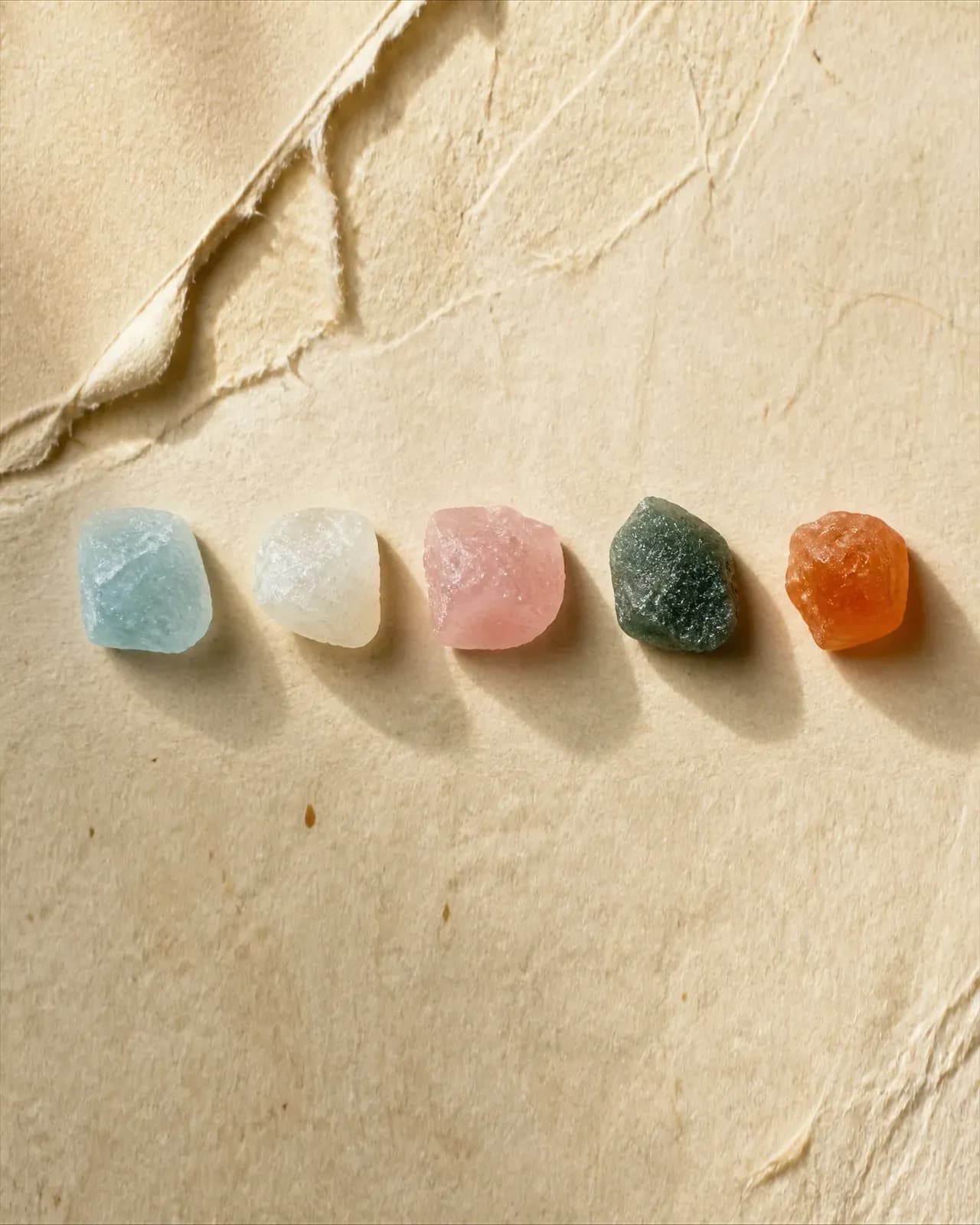 Five raw gemstones laid in a row on aged cream paper